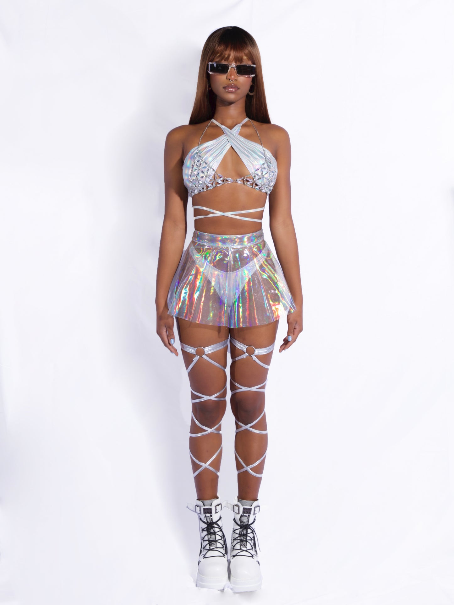 All-in-One Holographic Silver Rave Set+Laser Skirt+Gemstone Chest Chain+Leg wraps