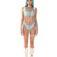 All-in-one Aqua Siren Metallic Bodysuit+Neck Chain+Sheer Gloves
