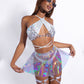 All-in-One Holographic Silver Rave Set+Laser Skirt+Gemstone Chest Chain+Leg wraps