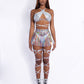 All-in-One Holographic Silver Rave Set+Laser Skirt+Gemstone Chest Chain+Leg wraps